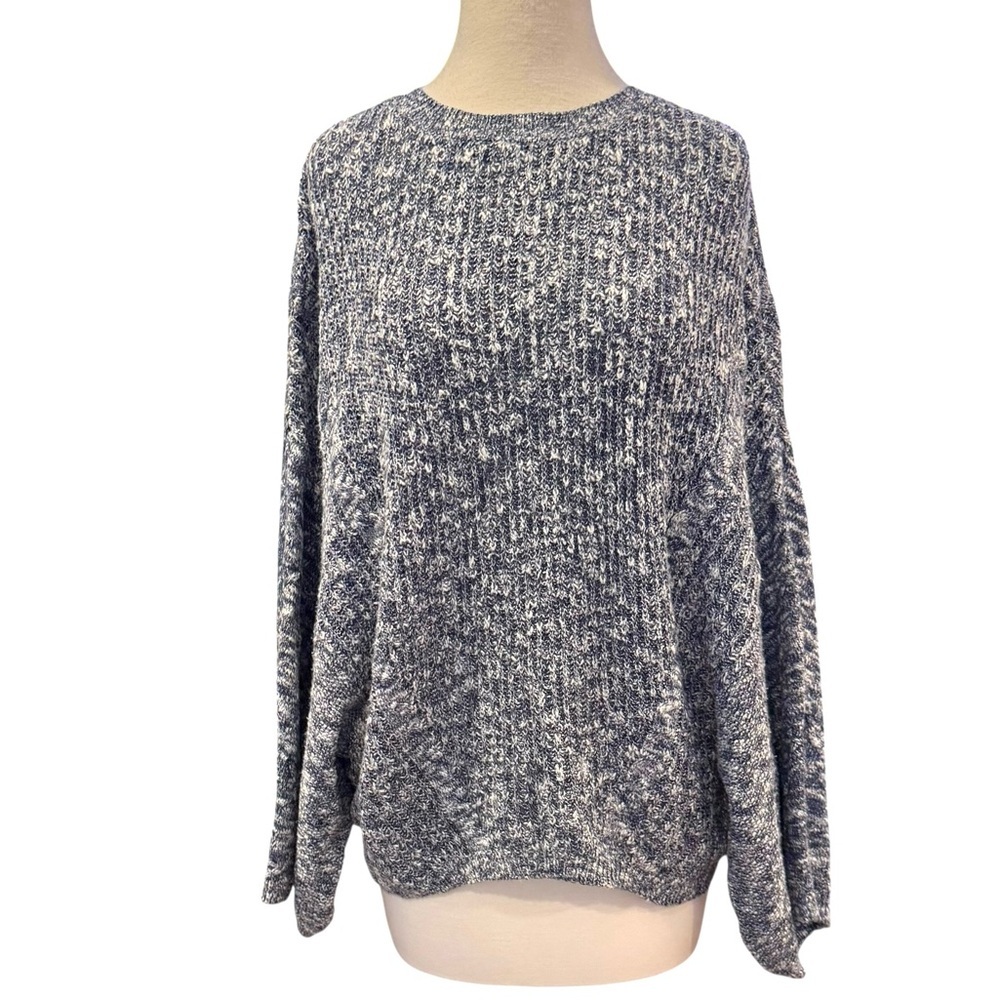 Mango Batwing Cropped Blue & White Marled Oversized Chunky Knit Sweater Medium